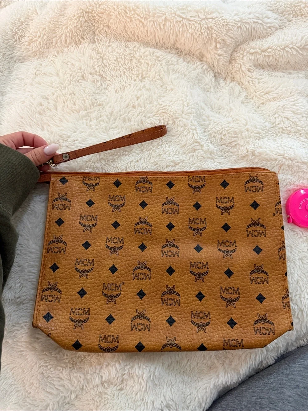 MCM Cognac Logo Zip Wristlet with Gold Plaque